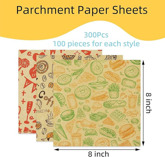 Food Paper Sheets 8"x8" - 300Pcs Paper Liners for Plastic Food Basket, Premium Deli Sandwich Wrappers, Best Kraft Food Wrapping Paper Sheets for Picnic, Festival, Fair or BBQ.