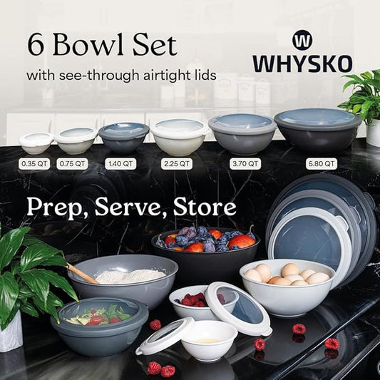 WHYSKO Mixing Bowl Set, 12 Piece Colorful Plastic Mixing Bowls with Lids Set for Food Prep Storage and Serving, Dishwasher Safe Microwave Safe for Kitchen Baking Cooking