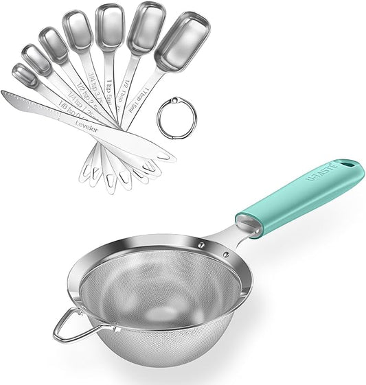 U-Taste 18/8 Stainless Steel 3.9in Small Fine Mesh Strainer with Sturdy Handle and Frame, and 18/8 Stainless Steel Square Measuring Spoons Set of 8 (Aqua Sky+Silver)