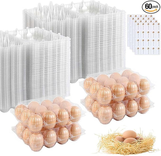 60 Packs Egg Cartons, Egg Cartons Cheap Bulk, Eggs 12 Count Clear Plastic Egg Containers for Chicken Farm, Reusable Egg Tray Holder for Family Refrigerator Storage, Market, Camping with Sticker Labels