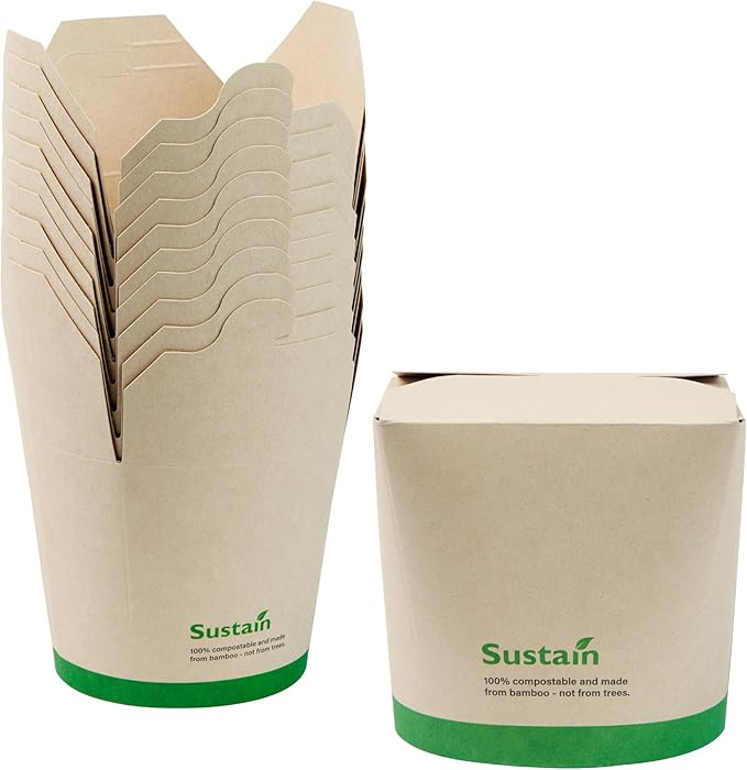 Restaurantware Sustain 26 Ounce Sturdy Paper Take Out Boxes, 200 Disposable Take Out Food Containers - With PLA lining, Compostable, Bamboo Paper Containers, Built-In Tab-Lock Cover, Greaseproof