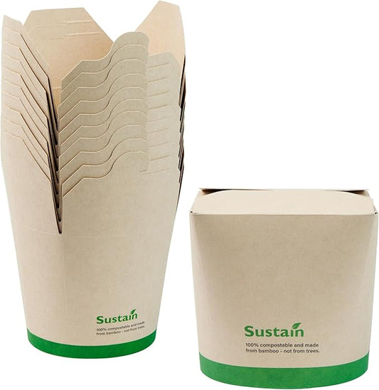 Restaurantware Sustain 26 Ounce Sturdy Paper Take Out Boxes, 200 Disposable Take Out Food Containers - With PLA lining, Compostable, Bamboo Paper Containers, Built-In Tab-Lock Cover, Greaseproof