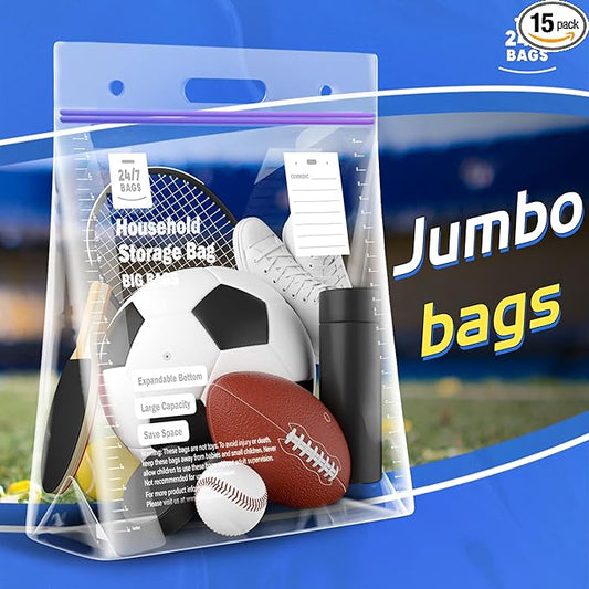 15 XX-Large Plastic Storage Bags, 10 Gallons, Zero BPA, Double Zipper Seal, 3 Mils Thick, Double Layer Carry Handle, 24"x20"x7", Moving, Seasonal, Travel