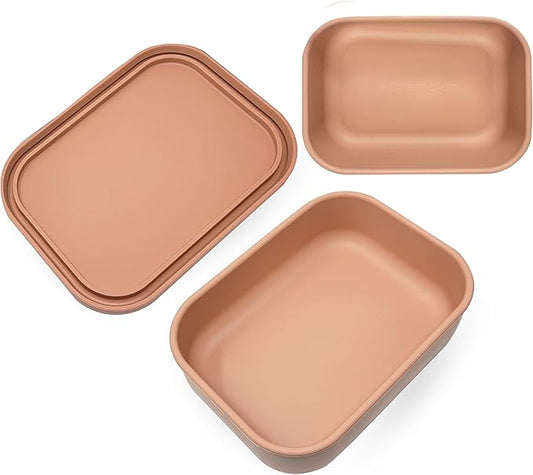 Perfect Portion 3-Pack Silicone Bento Boxes - Leakproof, Single-Compartment Lunch Containers, BPA-Free, Dishwasher, Oven & Fridge Safe, Dry Erase Marker Friendly - Tan, Pink, Orange