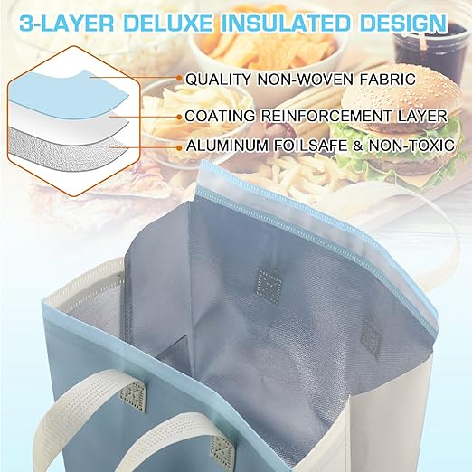 Kacctyen 100 Pcs Insulated Take Out Bags Bulk 9.5 x 6 x 9.5 in Thermal Insulation Food Bag for Coffee, Milk Tea, Hot Cold Food, Delivery Cooler Bag for Catering Restaurant Grocery Picnic (Light Blue)