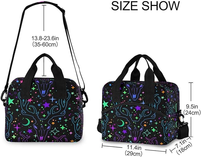 MNSRUU Insulated Lunch Bag - Deer Magic Skulls Lunch Box Tote Cooler Bag - Reusable, Leakproof with Adjustable Shoulder Strap - For Work, School