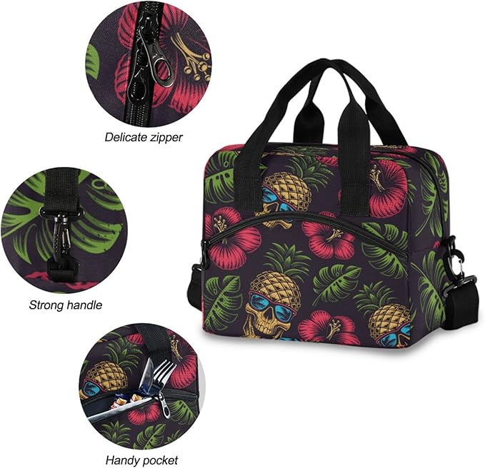 Hawaiian Pineapple Skull Insulated Lunch Bag Reusable Lunch Tote Bag Cooler Bag for Women Men Adult Lunch Box with Adjustable Shoulder Strap Leakproof Lunch Bag for Work School Picnic Camping