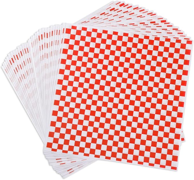 GeeRic Waxed Deli Paper Sheets 12 * 12 Inch, 100 Pcs Food Basket Liners for Sandwiches, Burgers, Checkered Deli Wrap Wax Paper Sheets Red