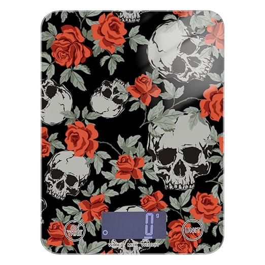 Food Scale Kitchen Digital Scale Food Ounces and Grams Dieting Baking Cooking Waterproof Glass Panels LCD Display,4 Units Scale Tare Function Red Rose Skull