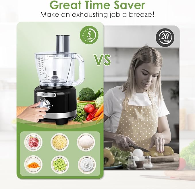 Davivy Food Processor 16-Cup (3.8L/128oz) – 9-in-1 Multifunction Vegetable Chopper, Cheese Grater & Dough Kneader with 600W Motor – Shred, Slice, Emulsify & Chop for Home Use, Black