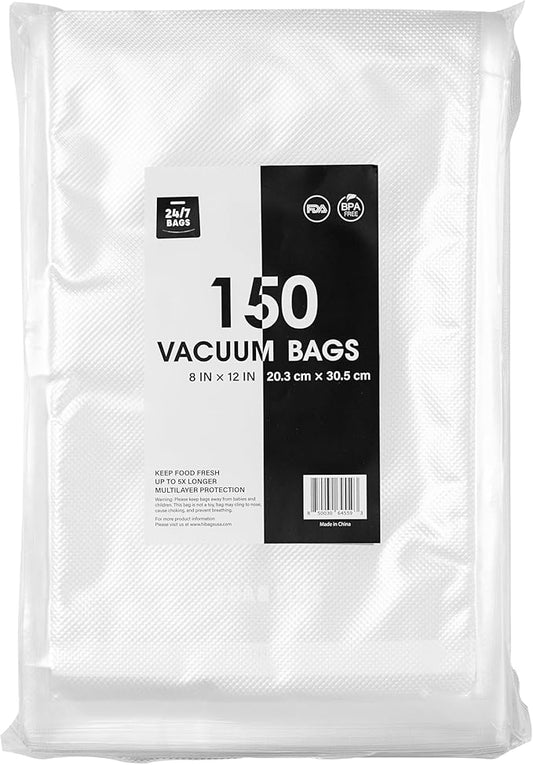 24/7 Bags- 150 Count, Quart 8"x12" Vacuum Seal Precut Bags, Double Sided Air Chamber Texture, Zero BPA, Heavy Duty, Freezer Safe, Compatible with All Vacuum Seal Machines