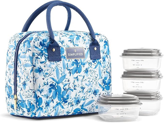 Fit & Fresh Lunch Bag For Women, Insulated Womens Lunch Bag For Work, Leakproof & Stain-Resistant Large Lunch Box For Women With Containers, Zipper Closure Bloomington Bag Blue Floral