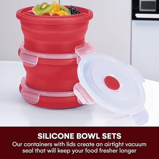 Collapsible Food Storage Containers with Lids - 13.5oz/0.4L Silicone Collapsible Bowl Sets with Airtight Lid - Round Silicone Food Containers Microwave, Freezer, and Dishwasher Safe - Set of 3, Red