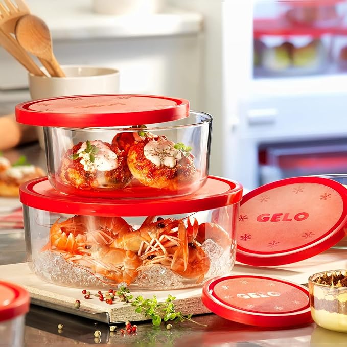 Bormioli Rocco Gelo 4pc Glass Storage Container/Food Storage Set with Red Lid (11.75 oz., 24.25 oz., 44.75 oz., 93.75 oz.)