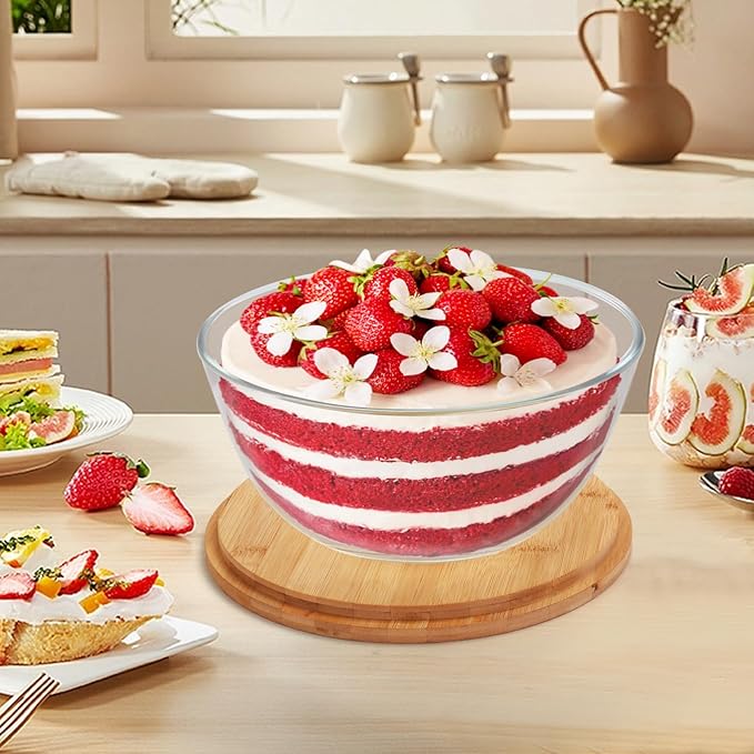 ShineMe Glass Salad Bowl, 4.7 Qt Large Mixing Bowl with Lid and Built in Utensils, Versatile Trifle Bowl for Serving, Mixing, Preparing, Storing, and Decoration in Kitchen