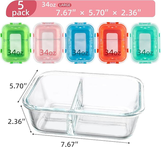 Divided Glass Storage Containers with Silicone Sleeve for Lunch, Glass Meal Prep Containers 2 Compartment with Lids (5 Pack, 34oz), Leak-Proof Portion Control Food Containers, Dishwasher Safe