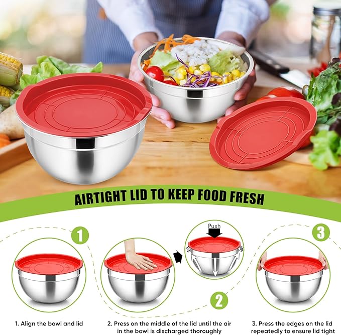 P&P CHEF Mixing Bowl with Lid Set of 5, 10-Piece Stainless Steel Nesting Salad Bowl Set for Prepping, Mixing and Serving, Size 4.6, 3, 1.5, 1, 0.7 QT, Rimmed Edges & Flat Base, Red