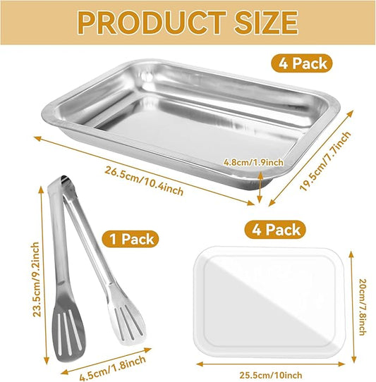 4 Pcs Breading Trays 10.4 x 7.7 x 1.9 Inch Food Prep Trays Stainless Steel Breading Pans with Lids and Tong for Dredging Chicken Breasts Marinating Meat and Serving Dishes