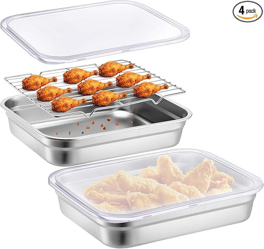 Stainless Steel Food Prep Container with Clear Lid and Rack Half Size Hotel Pans Steel Tray with Lid Fruit Storage Containers for Home Kitchen Restaurant Hotel, 32 x 26 cm(2.6 Inch)