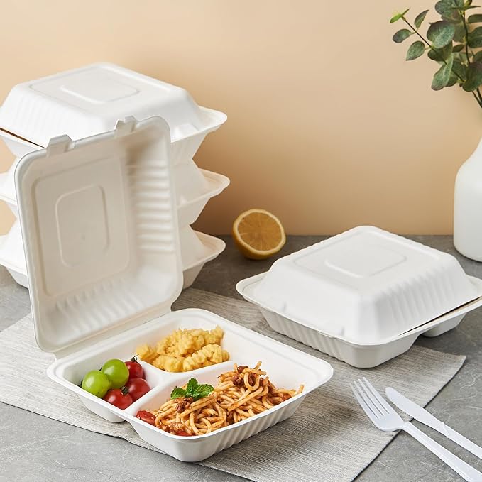 [8X8 3-Compartment 75-Pack Bio Natural Clamshell Take Out Food Containers with Lids, Disposable Bagasse Togo Boxes, Eco-Friendly Biodegradable Made of Sugar Cane Fibers