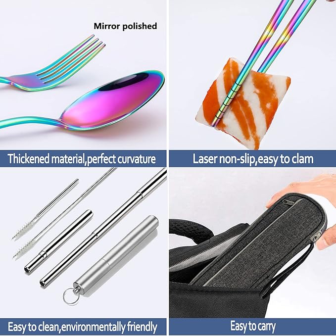 HOMMALY Portable Travel Reusable Utensils Silverware with Case,Travel Camping Cutlery set,Chopsticks and Straw Flatware, Stainless steel Travel Utensil set (Rainbow)U (UP-RB0001)