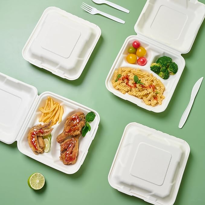 JOLLY CHEF Clamshell Take Out Food Containers, 8 * 8" 50-Pack, 3-Compartment To Go Boxes, Disposable Paper, Sugarcane for Salad, Lunch