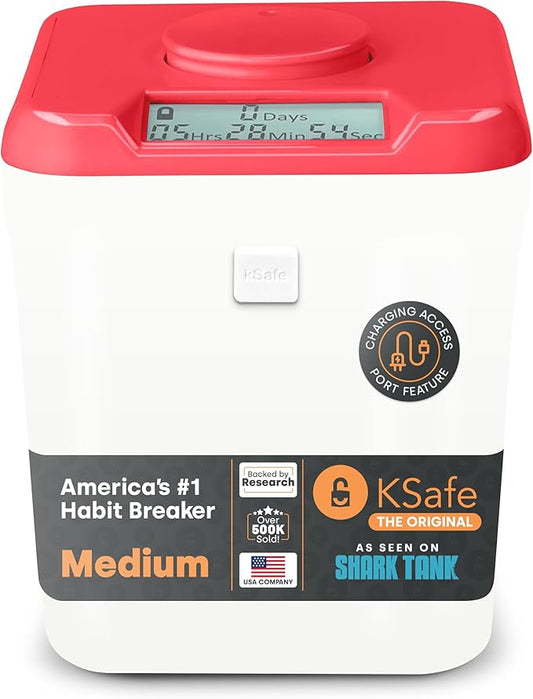 Kitchen Safe Time Locking Container for Phone, Medication Lock Box, Break Bad Habits, Quit Smoking, Stop Snacking, Gaming Addiction, Family Time (Medium, Pink Lid + 5.5” White Base with Access Port)