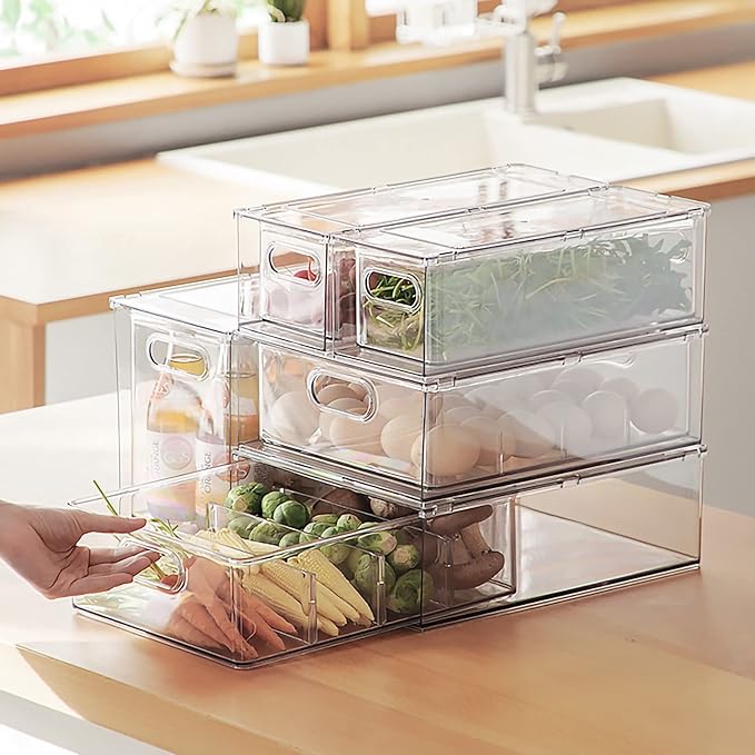 MineSign 4Pack Stackable Fridge Drawers Pull-out Storage Bins with Handle Clear Food Container for Refrigerator Plastic Dresser Organizer Fruit&Veggie Keeper for Freezer Cabinet Kitchen Organization