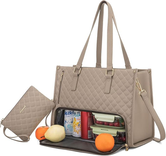 LOVEVOOK Lunch Tote Bag for Women, 15.6 Inch Laptop Bag with Insulated Lunch Compartment, Quilted Large Capacity Computer Handbag with Purse for Business, Work, Collage, Office, Casual, Clay pink