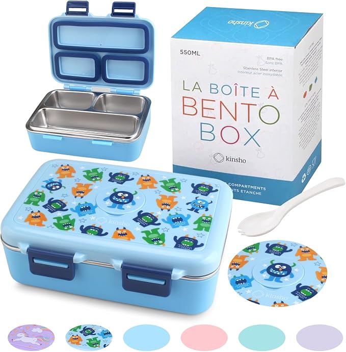 Stainless Steel Lunch Box for Baby Toddlers Boys, Mini Bento, 3 Eco Metal Portion Sections Leakproof Lid, Pre-School Daycare Lunches, Kids Spill-Proof Snack Container, 18 oz/ 550 mL Blue Cute Monster