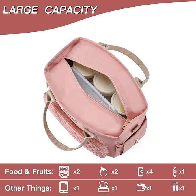 Large Women Lunch Bags for Work/Insulated Adult Lunch Box for Women/Durable Nylon Thermal Lunchbox for Womens/Leakproof Cooler Tote Bag with Storage Pocket (pink with cotton strap)