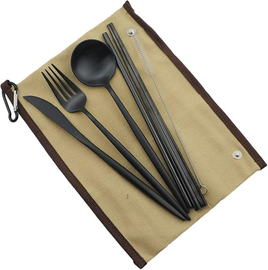 Reusable Travel Utensils, 7 Piece Portable 304 Stainless Steel including Knife Fork Spoon Chopsticks Cleaning Brush Straws Portable Pouch, Eco-friendly Camping Silverware Set, Dishwasher Safe