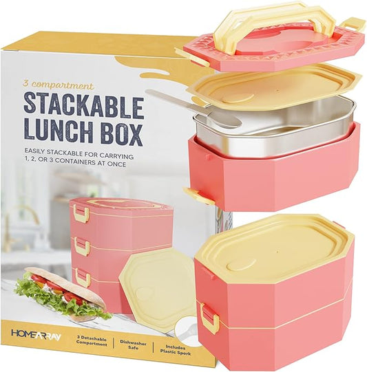 Stainless Steel Stackable Bento Box Adult Lunch Box with Cutlery - Hot/Cold - Separates Ideal Portion Sizes - Reusable Tin Inserts - Dishwasher Safe - Stackable Lunch Container for Adults with Spork