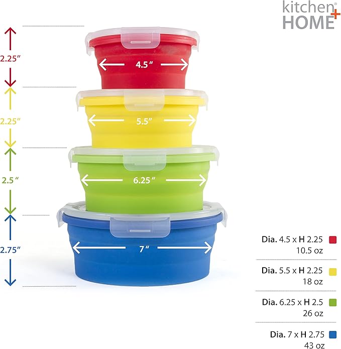 Thin Bins Collapsible Containers Set of 4 Round Silicone Food Storage Containers BPA Free, Microwave, Dishwasher and Freezer Safe - No more cluttered container cabinet! SC-149A