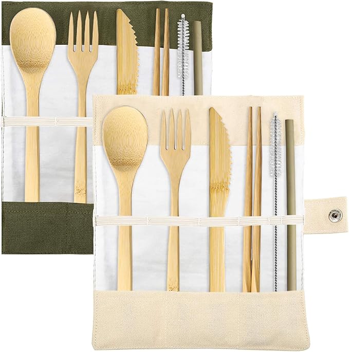 Set of 2, Bamboo Utensils Cutlery, DaKuan Reusable Cutlery Travel Set, Bamboo Spoon, Fork, Knife, Brush, Chopsticks and Straw, Eco-Friendly Portable Utensils With Case