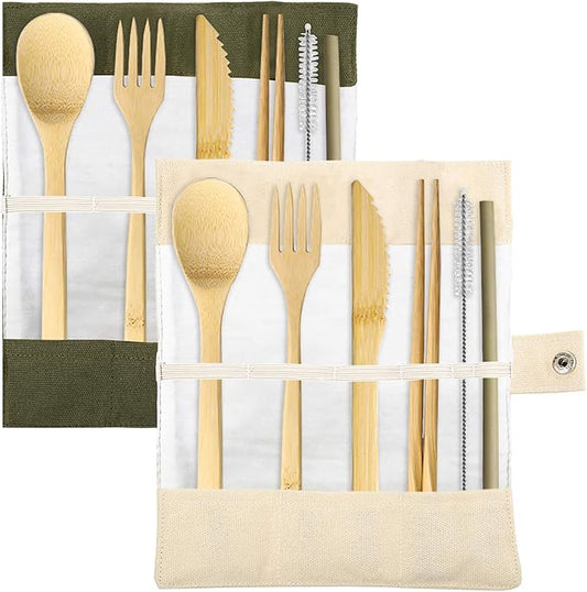 Set of 2, Bamboo Utensils Cutlery, DaKuan Reusable Cutlery Travel Set, Bamboo Spoon, Fork, Knife, Brush, Chopsticks and Straw, Eco-Friendly Portable Utensils With Case