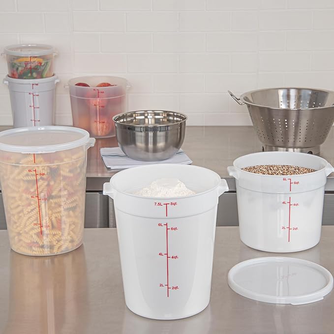 Restaurantware-Met Lux 8 Quart Food Storage Containers, 10 White Storage Containers - Lids Sold Separately, Red Volume Markers, Dishwashable Containers, Side Handles, For Storing Foods