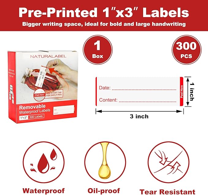 NATURALABEL 300 PCS Removable Freezer Labels with Dispenser - 1" x 3" Food Labels for Meal Prep Containers & Pantry Organizers, Easy Peel-Off Design, No Residue (Red)