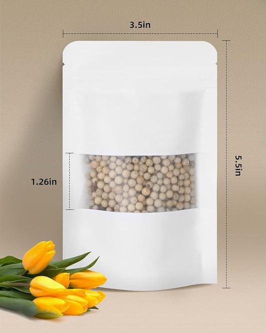100pcs Kraft Bags with Window 3.5x5.5 Inches White Reusable Sealable Zip Lock Food Storage Stand up Paper Pouches for Home or Business