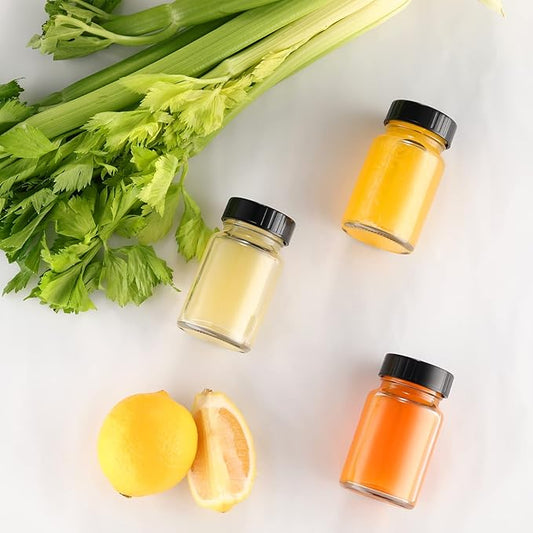 2oz Glass Jars with Lids - Glass Shot Bottles Set for Liquids, Juicing, Ginger Shot, Sample - Small Containers with Screw Caps - Mini Round Bottles - Leakproof/Wide Mouth - 12Pack