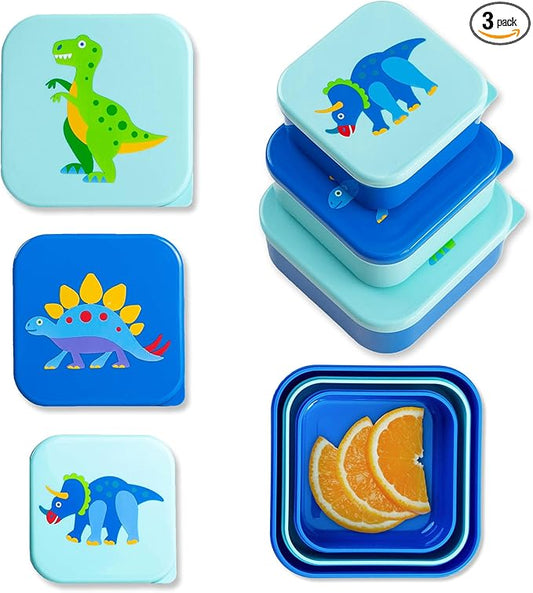 Wildkin Nesting Food Containers for Kids – Stackable, Airtight & Dishwasher Safe - Set of 3 - Dinosaur Land