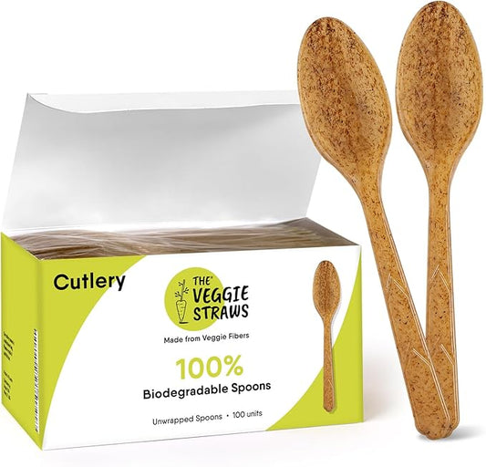 Premium Quality100% Biodegradable Spoons Made of Vegetable Fibers, 100 PCS of 6.7” Long Heavy-Duty and Splinter Free Eco-Friendly Spoons, Perfect Sustainable Cutlery for All Types of Occasions