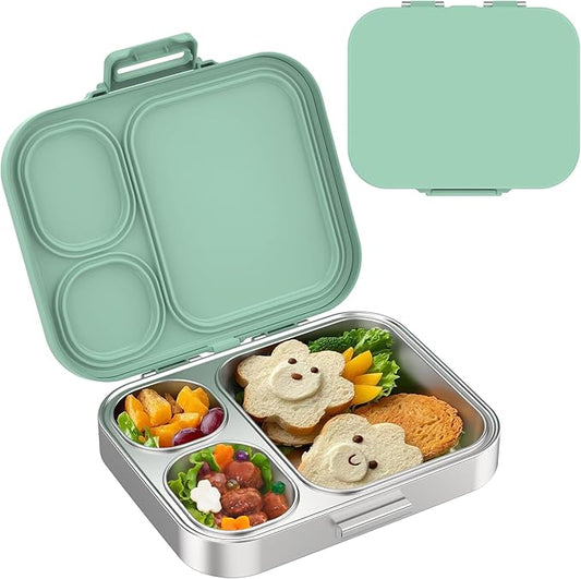 Stainless Steel Lunch Box, Leak-Proof with free sealing Bento Box 3 Compartments, Metal Lunchbox for Travel & Work, Eco-Friendly Meal Storage Solution Green