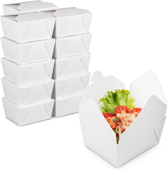 Fit Meal Prep 50 Pack 30 oz Paper Take Out Containers 5 x 4.2 x 2.5 - White Lunch Meal Food Boxes #1, Disposable To Go Packaging, Microwave Safe, Leak Grease Resistant for Restaurant and Catering