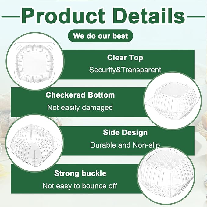 200 Pack Clear Clamshell Food Containers, Disposable Food Containers with Lids, 6 x 6 Inch Hinged Plastic To Go Containers for Dessert, Cake, Salad, Bakery Supplies - With sealing sticker