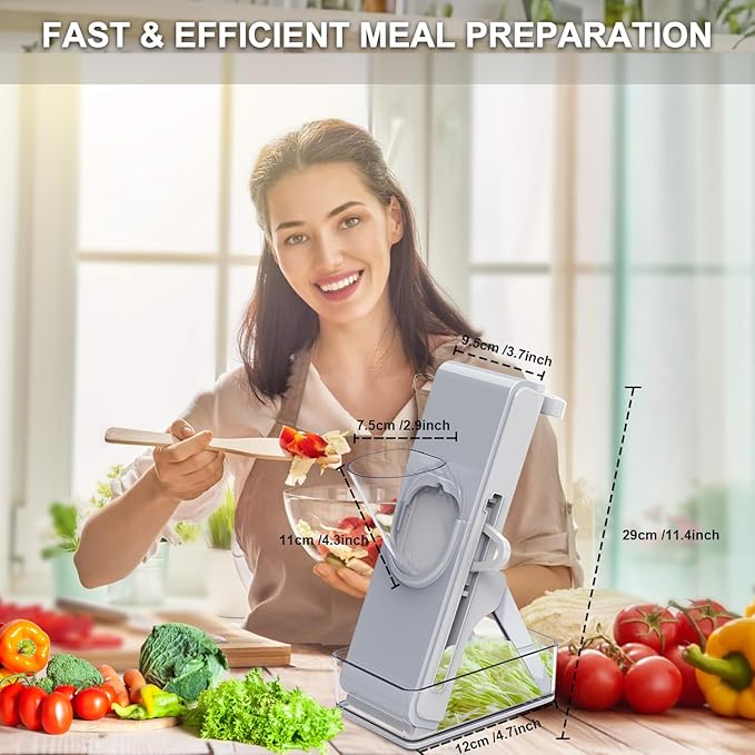 Upgrade Safe Mandoline Slicer for Kitchen - Multifunctional Vegetable Salad Chopper, Potato Cucumber Slicer, French Fry Cutter, Professional 3 in 1 Veggie Food Chopper with Container (Light Grey)
