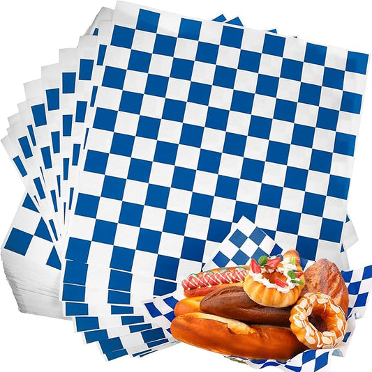 Honeydak 600 Pcs Sandwich Wrapping Paper Sheet 15x15 Checkered Food Wax Sheets Parchment Paper Basket Liner Grease Restaurant Wedding Party Supplies for Wrapping Bread Burgers(Blue)