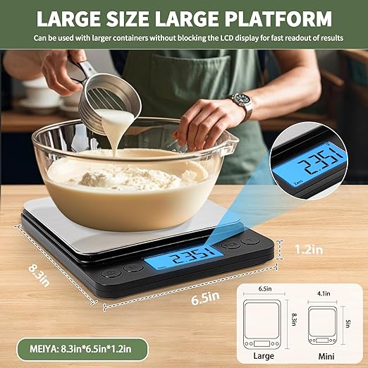 MEIYA Food Scale Grams and Ounces, Plus Size Digital Kitchen Scale for Cooking Baking, 5kg/0.1g High Accurate Gram Scale with USB Charging, 2 Tray, LCD Backlit Display, Stainless Steel Pan Easy Clean
