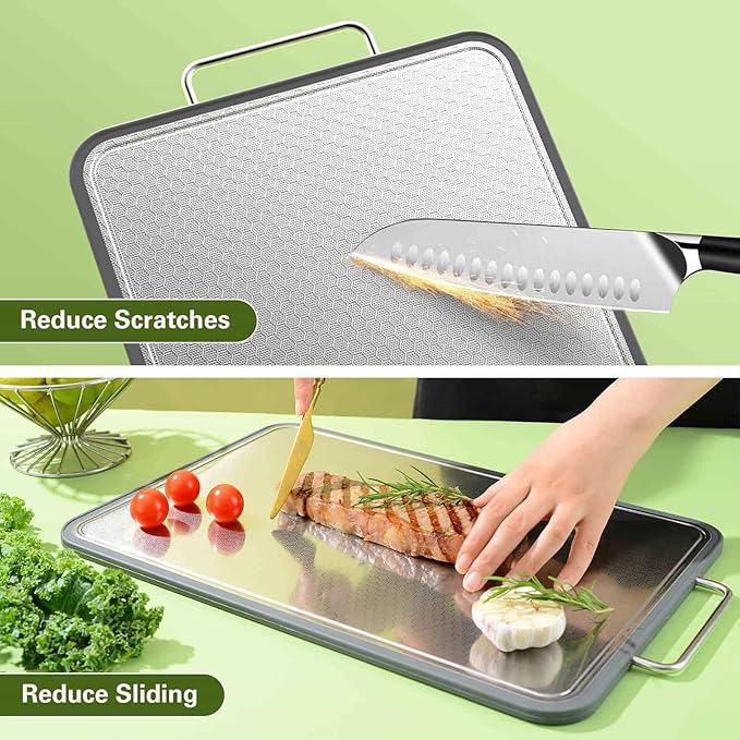 Double-Sided Stainless Steel Cutting Board for Kitchen, 19''×11.1'' Scratch-Resistant Cutting Board for Meat, Vegetables & Fruits, Rust-Resistant Chopping Board with Juice Groove on Both sides