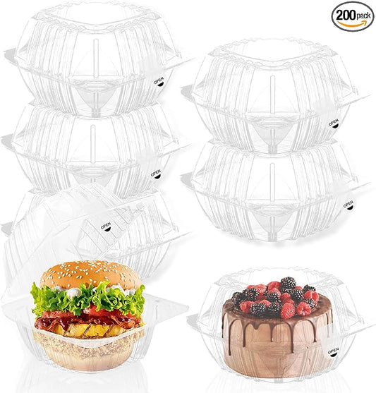 200 Pack Clear Clamshell Food Containers, Disposable Food Containers with Lids, 6 x 6 Inch Hinged Plastic To Go Containers for Dessert, Cake, Salad, Bakery Supplies - With sealing sticker
